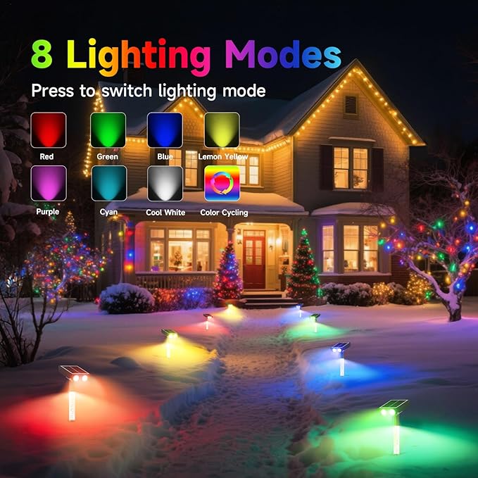 Color Changing Solar Spot Lights Outdoor with PC Light Guide Column 8 Lighting Modes Christmas Landscape Spotlights IP65 Waterproof RGB Solar Spotlights for Garden Yard Tree Pathway 12Pack