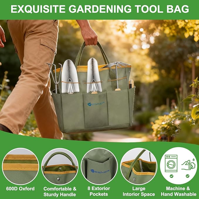 Yesker Gardening Tools 9-Piece Heavy Duty Garden Tool Set Gardening Supplies Gifts for Women Men Gardening Hand Tool Kit w Non-Slip Ergonomic Rubber Handle Durable Garden Bag Pruning Shears Green