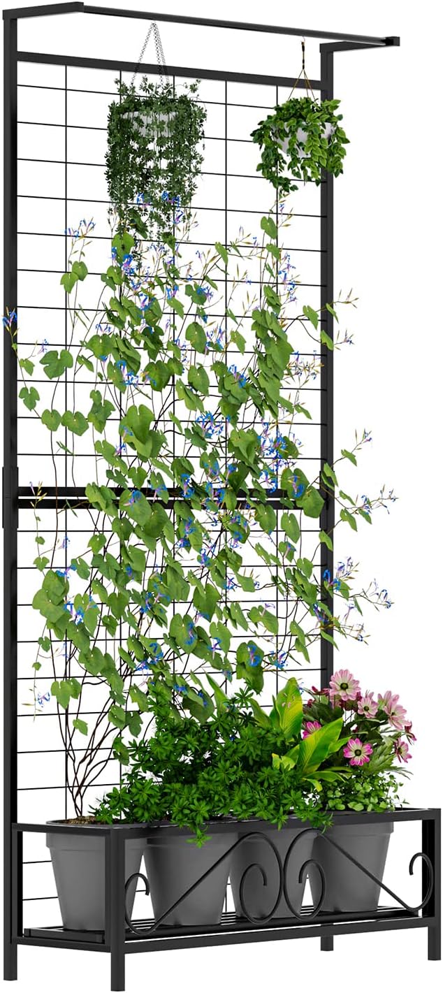 Zhongma Metal Planter with Trellis Raised Bed with Trellis for Vine Climbing Plants Flowers(12.8 x 35.43 x 74 in) 74 Inch Height Privacy Screen with Hanging Plant Pot Shelf