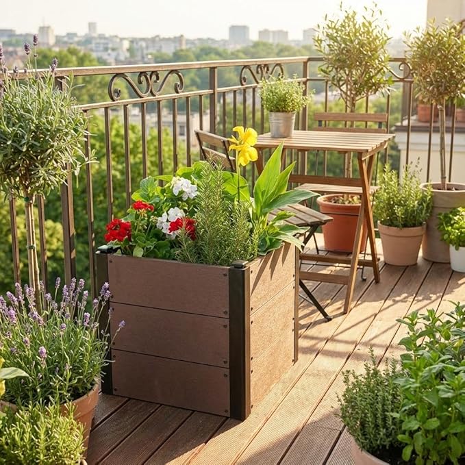 Elevated Wood-Look Garden Bed Planter Box – Durable Composite Material Deep Root Design Outdoor Space-Saving Easy Assembly – for Vegetables Herbs Flowers – 19.29 x 19.29x 17.72with Bottom