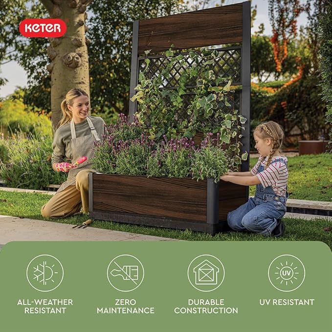 Keter Outdoor Planter Box with Privacy Screen and Trellis – 26 Gallon Raised Garden Bed for Climbing Plants &amp Flowers – Wood-Look Resin Weather-Resistant Divider for Patio Balcony &amp Backyard