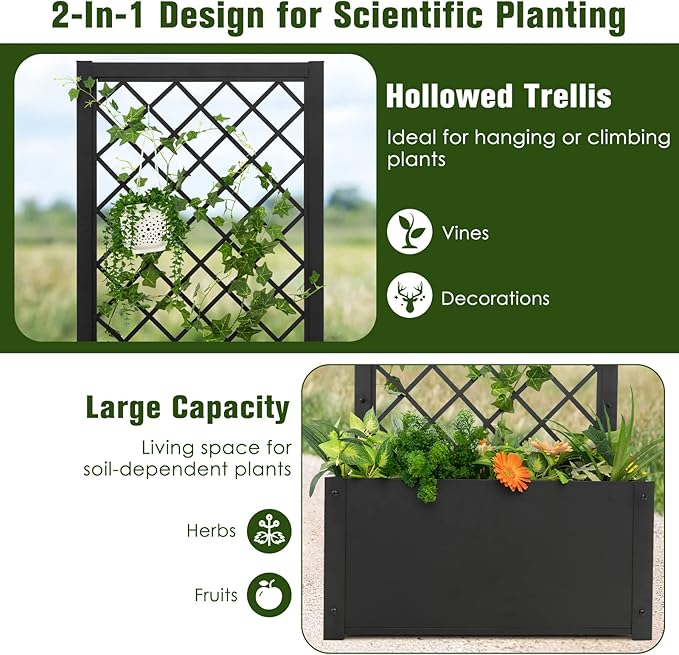 HAPPYGRILL Raised Garden Bed with Trellis 44” Metal Elevated Garden Box for Climbing Plants Vine Outdoor Planter Box for Yard Garden Balcony