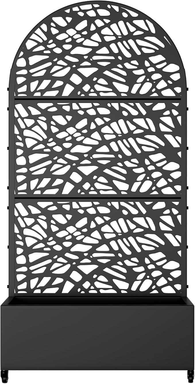 Casaphoria Metal Raised Garden Bed with Trellis and Wheels 72x35x16 Arched Planter Box for Climbing Plants Vegetables &amp Vines Features Drainage Holes and Privacy Screen (Black-Net)