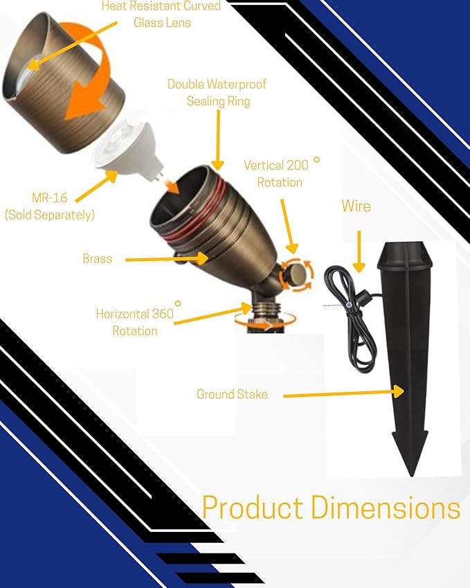 GLE Premium Brand Antique Brass Landscape Spotlights - 12 Volt - Outdoor Uplight LED Wired Spot Lights IP65 Waterproof Antique Bronze for Exterior Garden Yard Tree House Without MR16 Bulb (20 Pack)