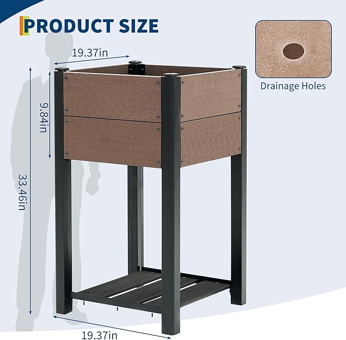 IDEALHOUSE 19.37x19.37x33.46 Raised Garden Bed HDPE Elevated Planter Box with Sturdy Aluminum Frame Wood Grain Outdoor Planter with Storage Shelf for Patio Balcony Lawn