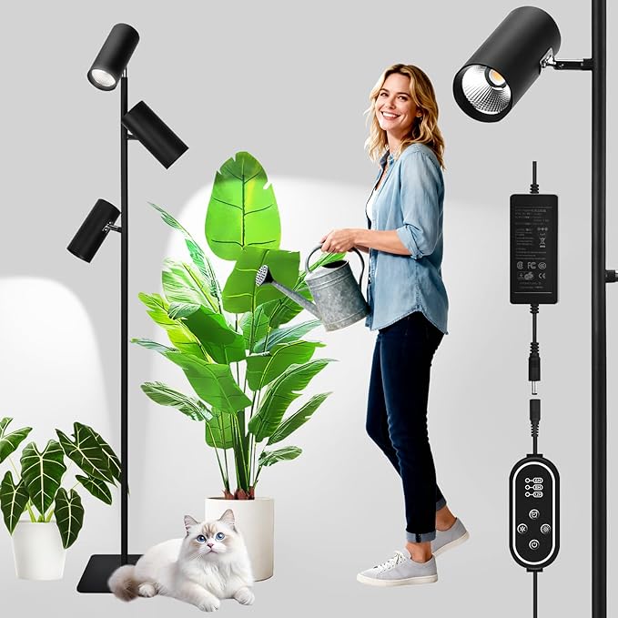 90W Dimmable Grow Light Daylight Full Spectrum COB LED Triple-Head Floor Lamp with High PPFD&ampCRI 6/8/12H Timer Adjustable Height (43-83) &amp Angle – Standing Grow Lights for Indoor Plants