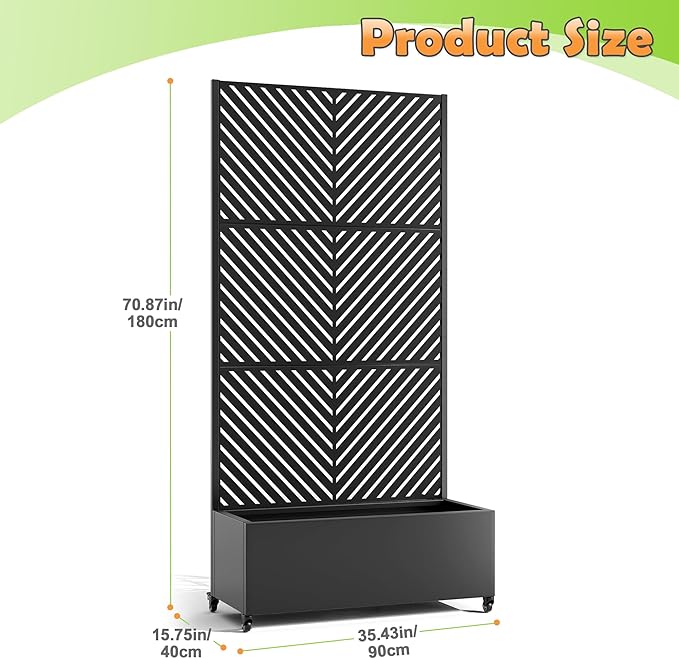 Metal Raised Garden Bed with Trellis 2-in-1 Planter Box &amp Privacy Screen for Climbing Plants Outdoor Standing Flower Bed with Drainage Holes 35.4 L x 15.7 W x 70.1 H Black-Parallel