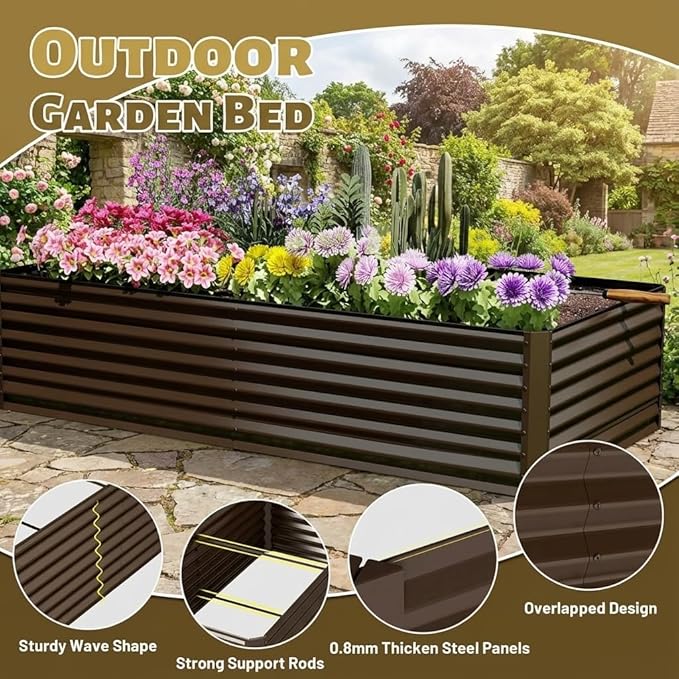 8x4x2 ft Galvanized Raised Garden Bed Large Metal Planter Box for Vegetables Fruits Flowers Herbs Brown Outdoor Gardening
