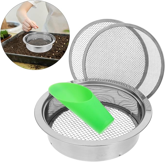 Amosfun Stainless Steel Soil Sifter Set with Shovel – Garden Potting Sieves for Compost Dirt and Rock Filtration – 1mm 3mm 6mm Mesh Screens for Home Gardening and Landscaping