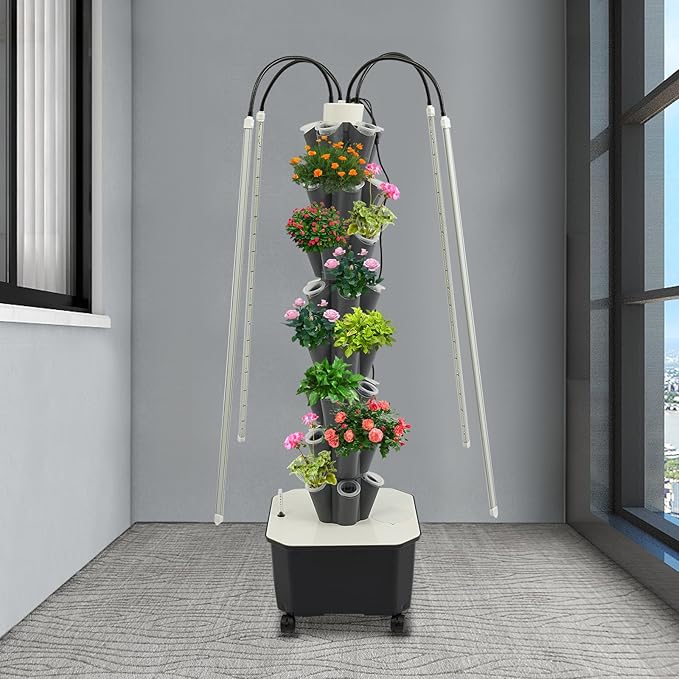 Hydroponic Growing System 40-Plant Vegetable Planter Tower with LED Light Outdoor Indoor Garden Vertical Planter Germination Kit with Water Pump &amp Intelligent Water Circulation for Gardening Lov