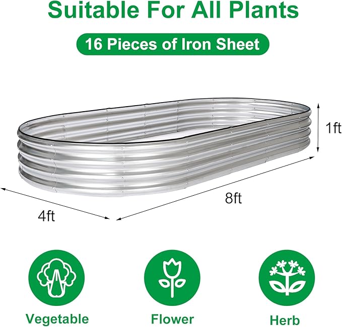 JERIA 2 Pcs 8×4×1ft Oval Raised Garden BedGalvanized Raised Garden Bed Kit Outdoor Metal Gardening Planter Box for Vegetable Fruits FlowerHerbs