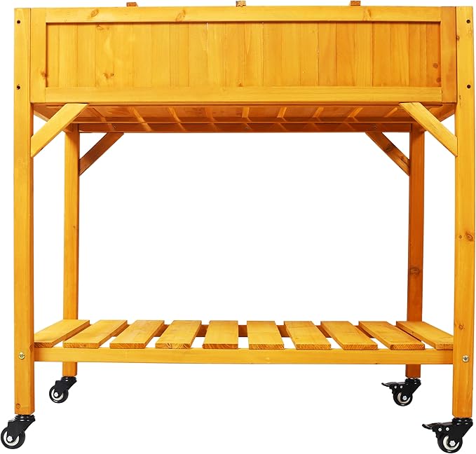 Elevated 8 Pocket Herb Garden Bed Mobile Raised Customizable Wood Planter for Herbs Vegetables Flowers w Lockable Wheels Storage Shelf Drainage Holes