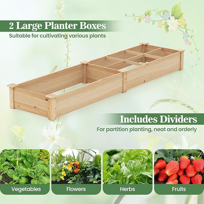 Giantex Wooden Raised Garden Bed with 2 Planter Boxes &amp Dividers 90x25x10 Raised Bed for Flowers Vegetables Fruits Herbs Gardening Planting Outdoor Garden Box for Patio Backyard Lawn (1)