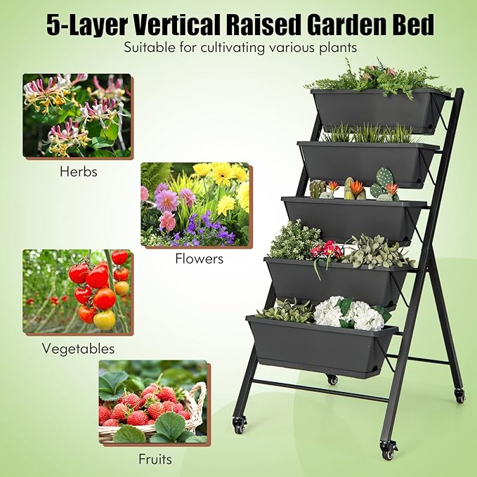 HAPPYGRILL Vertical Raised Garden Bed 5-Layer Freestanding Garden Planter with Drainage Holes Container Boxes Elevated Planter Box for Herb Vegetable Flower Growing Dark Grey