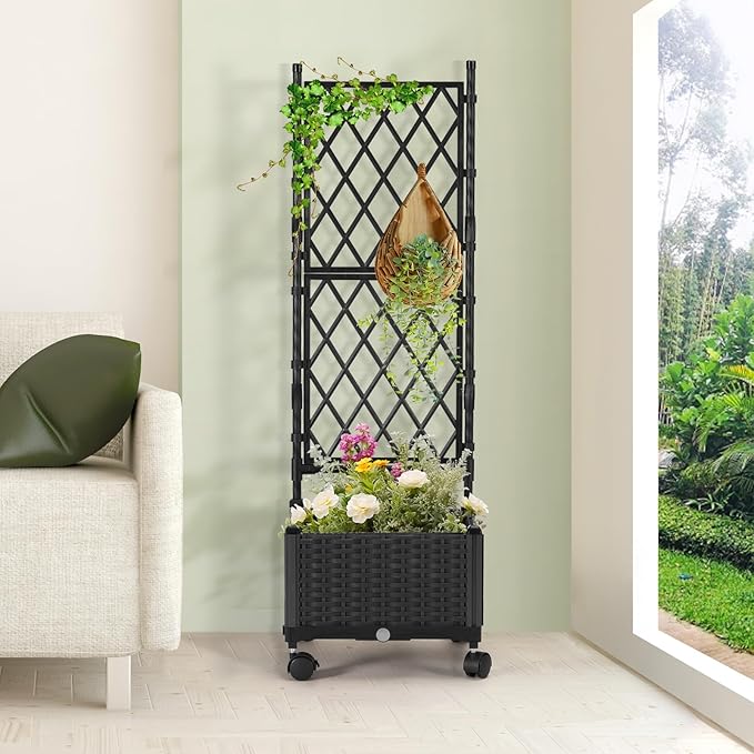 Planter Box with Trellis 4ft Tall Self-Watering Plastic Raised Garden Beds and Lattice Trellis with Lockable Wheels &amp Drain Plug for Outdoor Patio Backyard Balcony Black 1 Pc