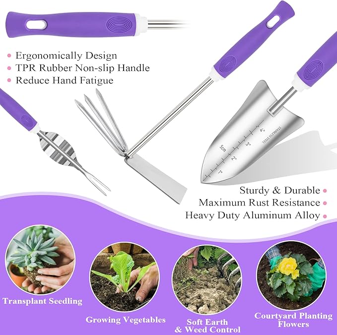 Purple Garden Tool Set Gardening Items for Women - 11PCS Heavy Duty Garden Tools with Detachable Storage Bag Weeder Dual-Purpose Hoe