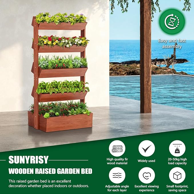 SUNYRISY 5 Tiers Vertical Wooden Raised Garden Bed Outdoor Freestanding Garden Planter Box Stand for Planting Herbs Flowers Vegetables Outdoor Gardening