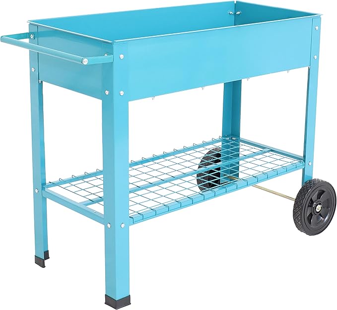 Sunnydaze 43-Inch Galvanized Steel Raised Garden Bed with Legs - Outdoor Elevated Planter Box with Wheels for Vegetables - Blue