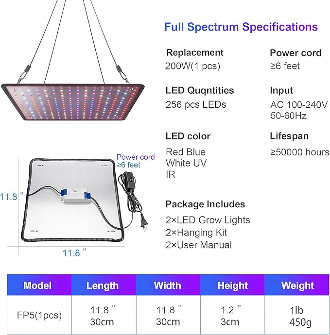 2 Pack LED Grow Light Panel 200W Lamp for Indoor Plants Full Spectrum with White Blue Red UV IR LEDs for 4x4ft Coverage Grow Tent Greenhouse Veg and Bloom Seedlings Hydroponics