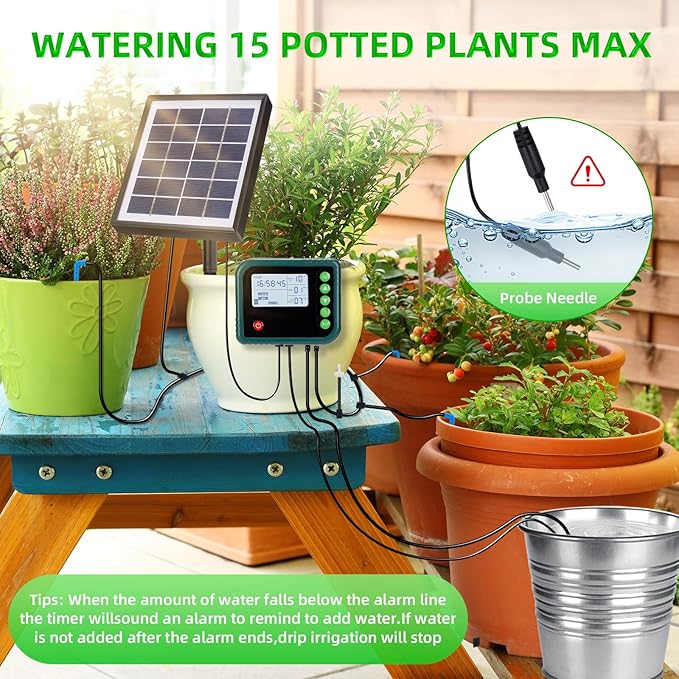 Solar Automatic Drip Irrigation Kit SystemAutomatic Plant Watering Devices Programmable Water TimerLED Display for 15 Potted Plants Outdoor Indoor Garden Balcony Vacation