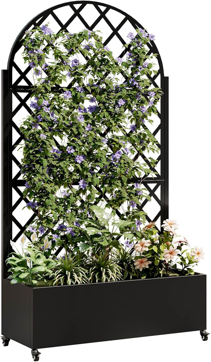 Metal Planter Box with Trellis 73-Inch Tall Raised Garden Bed with Wheels Privacy Screen Planter for Climbing Plants Vegetables &amp Vines Galvanized Steel Outdoor Privacy Shield Black (Round)