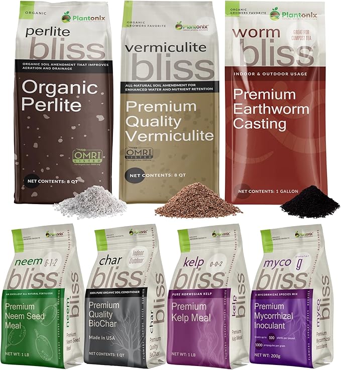 Plant Fertilizer &amp Potting Soil Mix Bundle - Perlite + Vermiculite + Mycorrhizal Fungi Inoculant + Worm Castings + Biochar + Kelp Meal + Neem Seed Meal - Organic Fertilizers for Plants &amp Garde