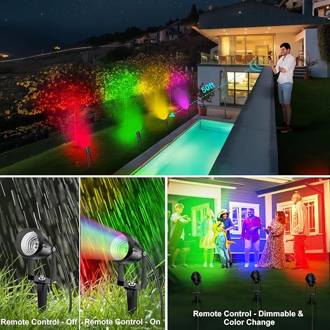 1500LM LED High Brightness Outdoor Landscape Lighting 15W RGB Color Changing Landscape Lights Remote Control Spot-Lights with Plug in IP66 Waterproof Flood Light for Garden - 2 Pack