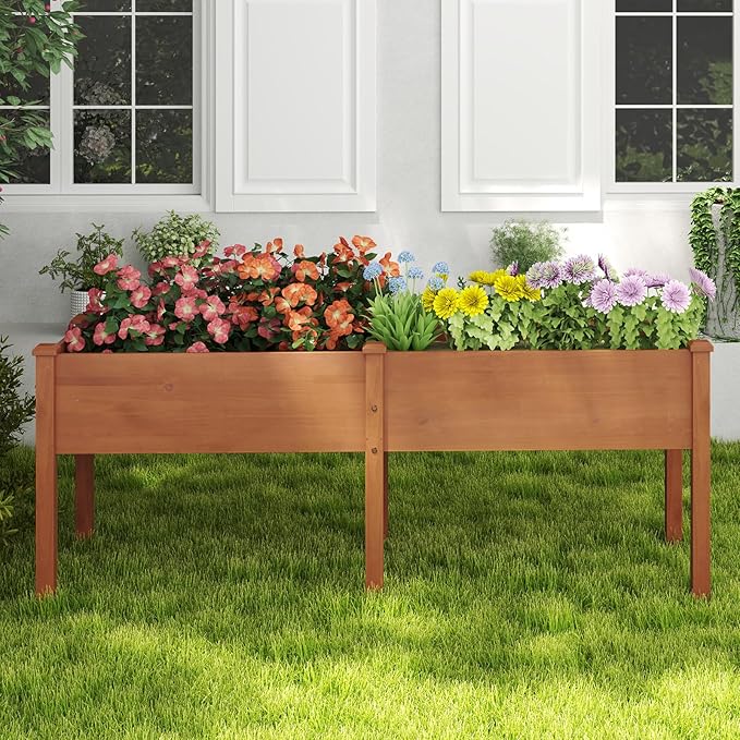 HAPPYGRILL Raised Garden Bed Outdoor Planter Raised Bed w/Drainage Holes Divider Panel 6 Supporting Legs Elevated Wood Planter Box for Backyard Patio Balcony 73” x 23” x 30” (L x W x H) (Brown)