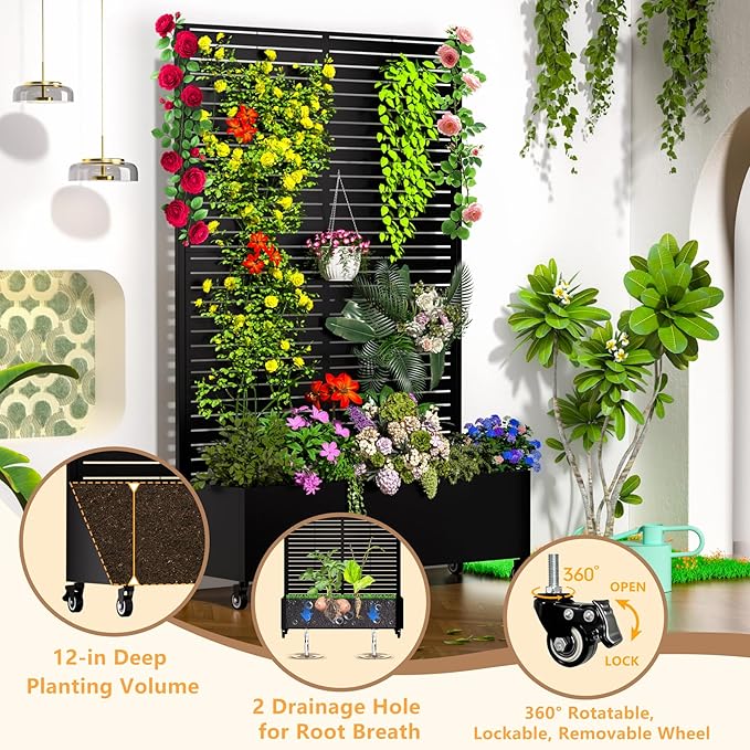 Metal Planter Box with Trellis 72.1x47.2x16 Outdoor Galvanized Raised Garden Bed with Privacy Screen &amp Drainage Holes &amp Lockable Casters for Climbing Plants Vegetable (Louvered-Black1)