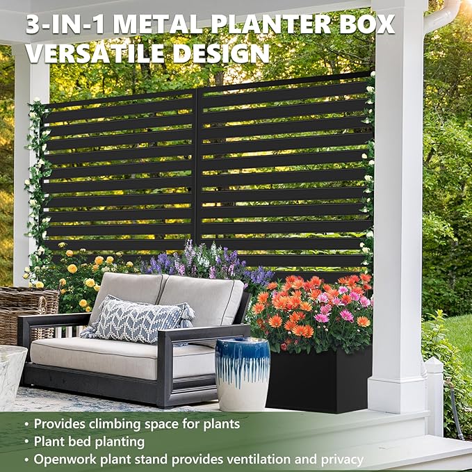 Metal Raised Garden Bed with Trellis 2 in 1 Trellis with Planter Box &amp Privacy Screen for Climbing Plants Vine Outdoor Standing Flower Beds with Drainage Holes 35 L x 16 W x 71 H Black