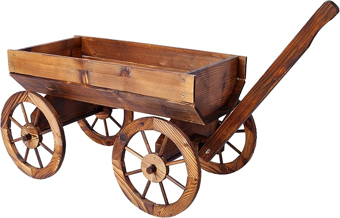 Wood Wagon Flower Planter Pot Stand WWheels Home GOutdoor Decor