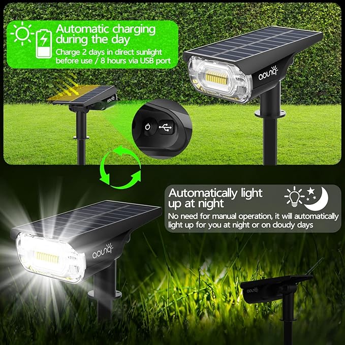 Solar Spot Lights Outdoor 1000 Lumens 64 LEDs IP67 Waterproof Landscape Lighting with 4 Modes - 2-in-1 Solar Spotlight &amp Pathway Light for Garden Yard Patio Decor 4 Pack