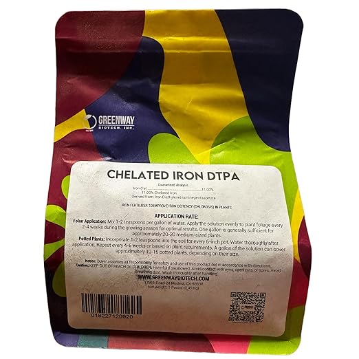 Greenway Biotech Inc. Chelated Iron DTPA 11% - for Alkaline Soils (pH 4.0-7.5) - 100% Water Soluble Fertilizer for Citrus Lawns &amp Hydroponics - Corrects Iron Chlorosis - Made in USA - 1 Pound