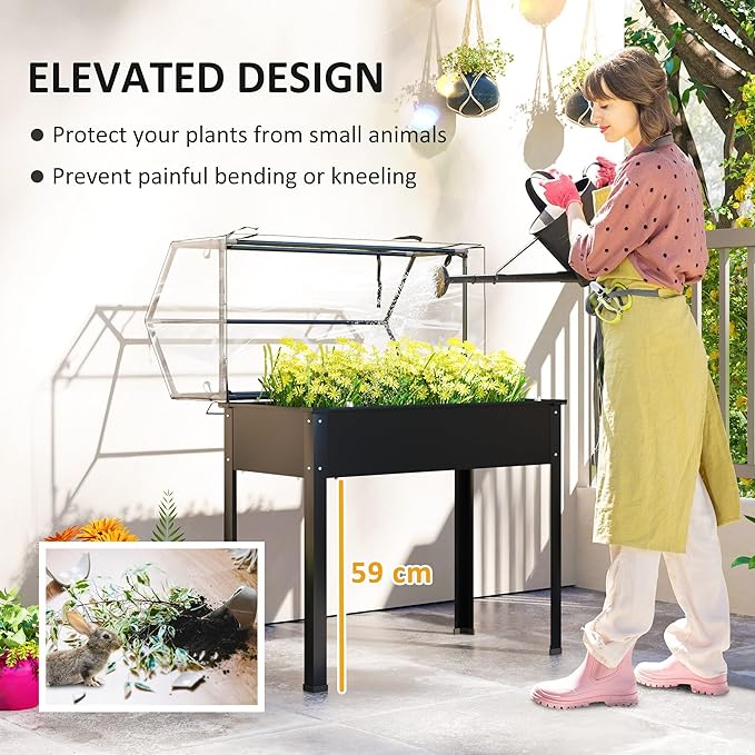 Outsunny Raised Garden Bed with Flip-Up Greenhouse Cover Elevated Planter Box with Legs and Drainage Hole for Vegetables Flowers Herbs 39.4 x 18.9 x 48.8 Black