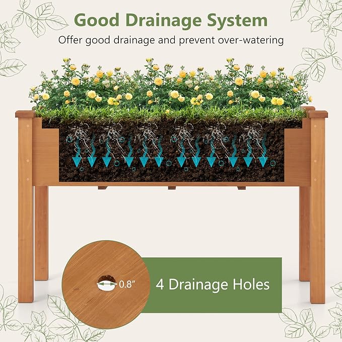 HAPPYGRILL Raised Garden Bed Outdoor Wood Garden Box w/Legs Drainage Holes Black Garden Liner Fabric Solid Wood Frame Elevated Planter Box for Backyard Patio Balcony 49” x 23” x 30” (L x W x H)