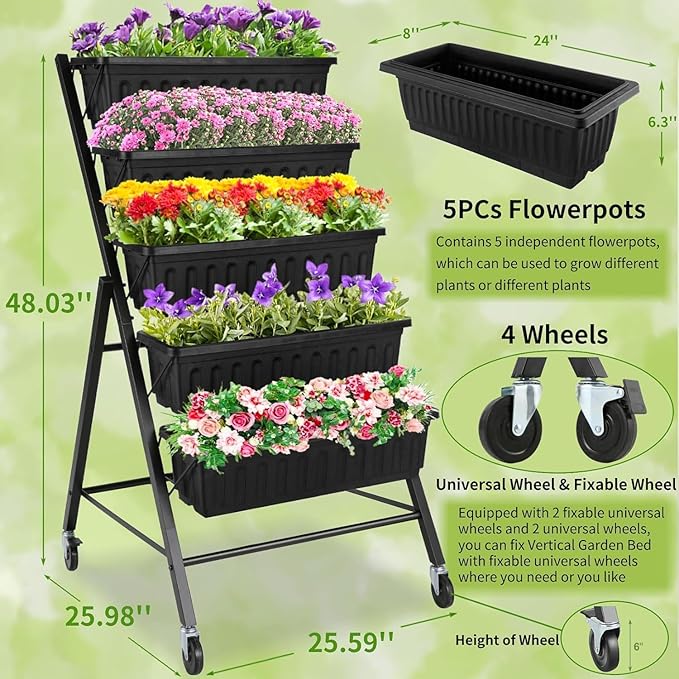 Homdox 2 Pack Vertical Garden Bed 5 Tiers Raised Garden Planter 25.6 * 26 * 48 Inch with Drainage System &amp 4 Hooks Vegetable Flower Stand for Garden Patio Yard (Black with 4 Wheels)
