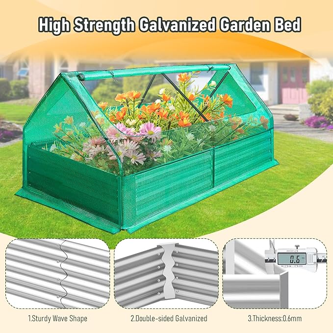 6x3x1Ft Extra-Thick Galvanized Steel Raised Garden Bed with CoverOutdoor Metal Planter Box Kit Mini Greenhouses with 2 Large Zipper Windows Dual Use (Clear) (6x3x1Ft)