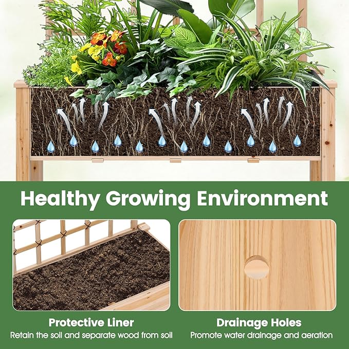 COSTWAY Wooden Raised Garden Bed with Trellis Mobile Elevated Planter on Wheels 285 lbs Capacity with Liner &amp Drainage Holes Freestanding Outdoor Box for Climbing Plants Vegetables &amp Herb