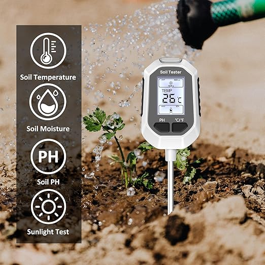 4-in-1 Soil Moisture Meter Digital Plant Temperature/Soil Moisture Test &amp PH Meter/Sunlight Intensity Backlight LCD Display for Gardening Farming and Outdoor Plants