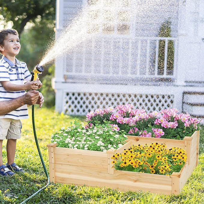 HAPPYGRILL 3-Tier Raised Garden Bed Wood Elevated Flower Box with Open-Ended Base &amp Plug-in Connector Outdoor Planter Raised Beds for Vegetables Herbs &amp Fruits
