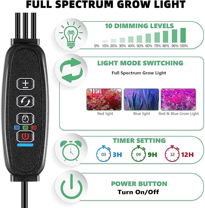 Grow Light Plant Lights for Indoor Plants4 Heads LED Grow Light with Full Spectrum &amp Red Blue Purple Spectrum for Indoor Plant Growing Lamp3/9/12H Timer 10 Dimmable Levels (Four-Head)