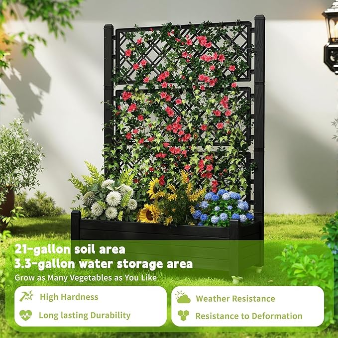 EasyUp Rolling Garden Planter Box with Trellis &amp Lockable Casters Outdoor Raised Bed with Drainage &amp Water Gauge Durable Resin for Patio Balcony Yard Dust-Proof (Black 43.43 * 18.27 * 64