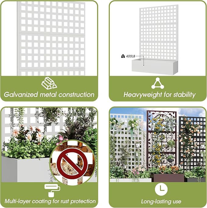 Metal Planter Box with Trellis 71x 47x 16 Raised Garden Bed with Trellis Planter Box Trellis with Privacy Screen and Drainage Holes White