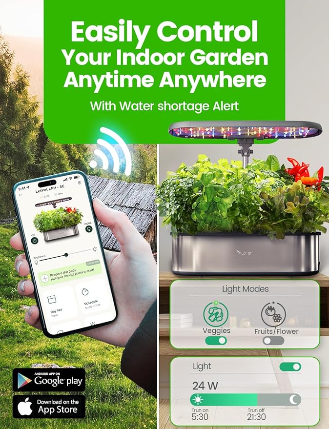 LetPot LPH-SE Hydroponics Growing System 12 Pods Smart Herb Garden Kit Indoor Indoor Garden APP &amp WiFi Controlled with 24W Growing LED 5.5L Water Tank Pump System Automatic Timer