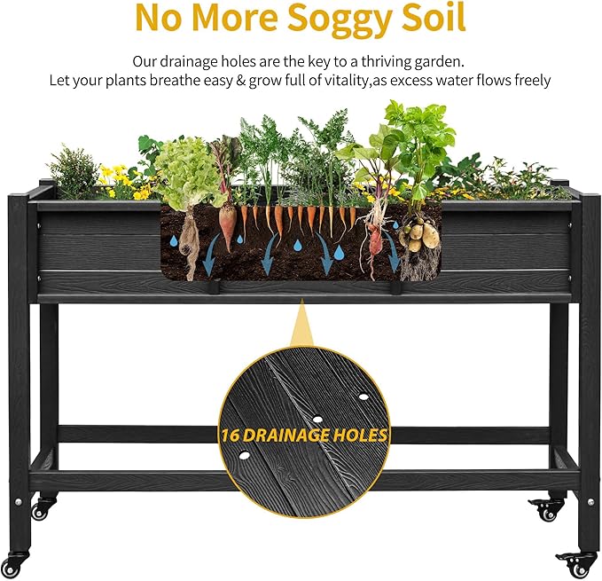 DWVO 47x18x31in Raised Garden Bed HDPE Weather-Resistant Poly Wood Planter Box Stand Planter Box with Legs &amp Lockable Wheels Elevated Garden Bed for Backyard Patio Balcony - Black