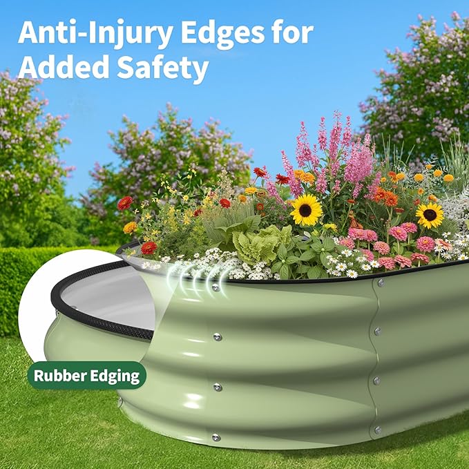 Kesfitt Raised Garden Bed 4x2x1 FT Galvanized Steel Metal Raised Garden Bed Oval Open-Bottom Design 12-Inch Deep for Outdoor Vegetable &amp Herb Gardening Fruit Green