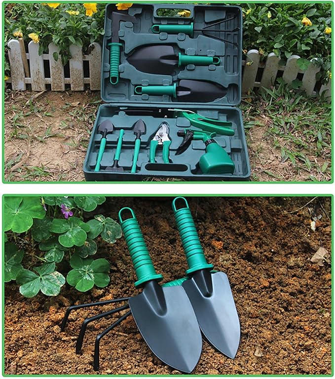 11 Pieces Garden Tools Set Heavy Duty Gardening Tools with Carrying Case Ergonomic Hand Tools Pruner Rake Shovel Trowel Sprayer Gifts for Men Women and Gardening Lovers