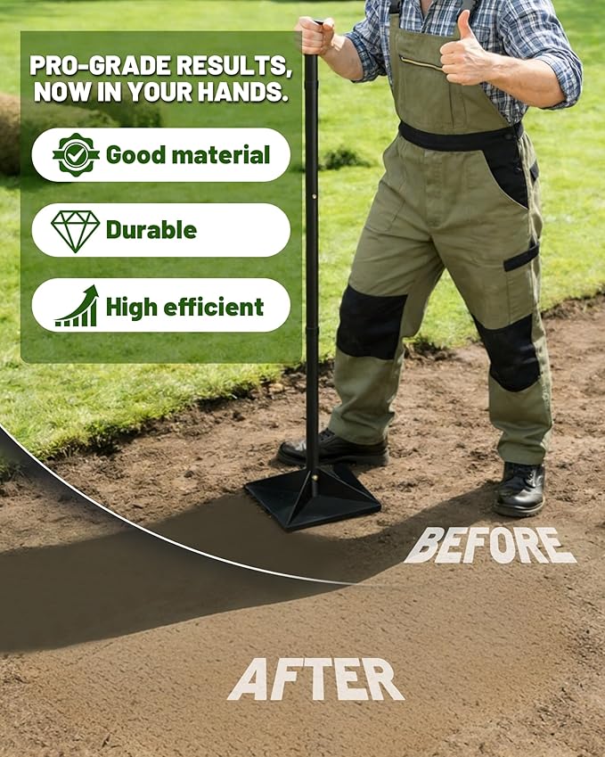 Steel Tamper Tool 8''x8'' Heavy Duty Hand Tamper for Soil Compaction 48 Adjustable Handle with Non-Slip Grip Ground Dirt Tamper for Landscaping Patio Asphalt Repair with Gloves