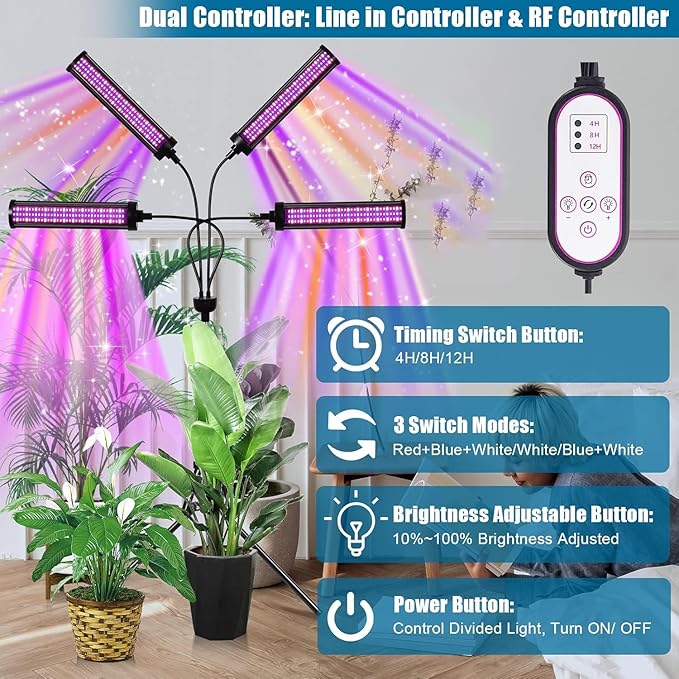 LED Grow Lights for Indoor Plants 432 LEDs Red Blue White Full Spectrum Plant Lights for Indoor Growing with 15-63 inches Adjustable Tripod Stand 4 Heads Grow Lamp with 4/8/12H Auto On/Off Timer