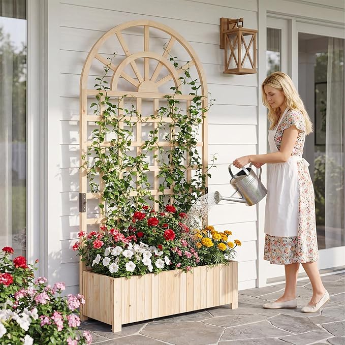 Giantex Wooden Raised Garden Bed with Arched Trellis Set 2 71” Fir Wood Outdoor Elevated Planter Box Privacy Screen w/Drainage Holes Vertical Garden Bed for Climbing Plants Patio Balcony Backyard